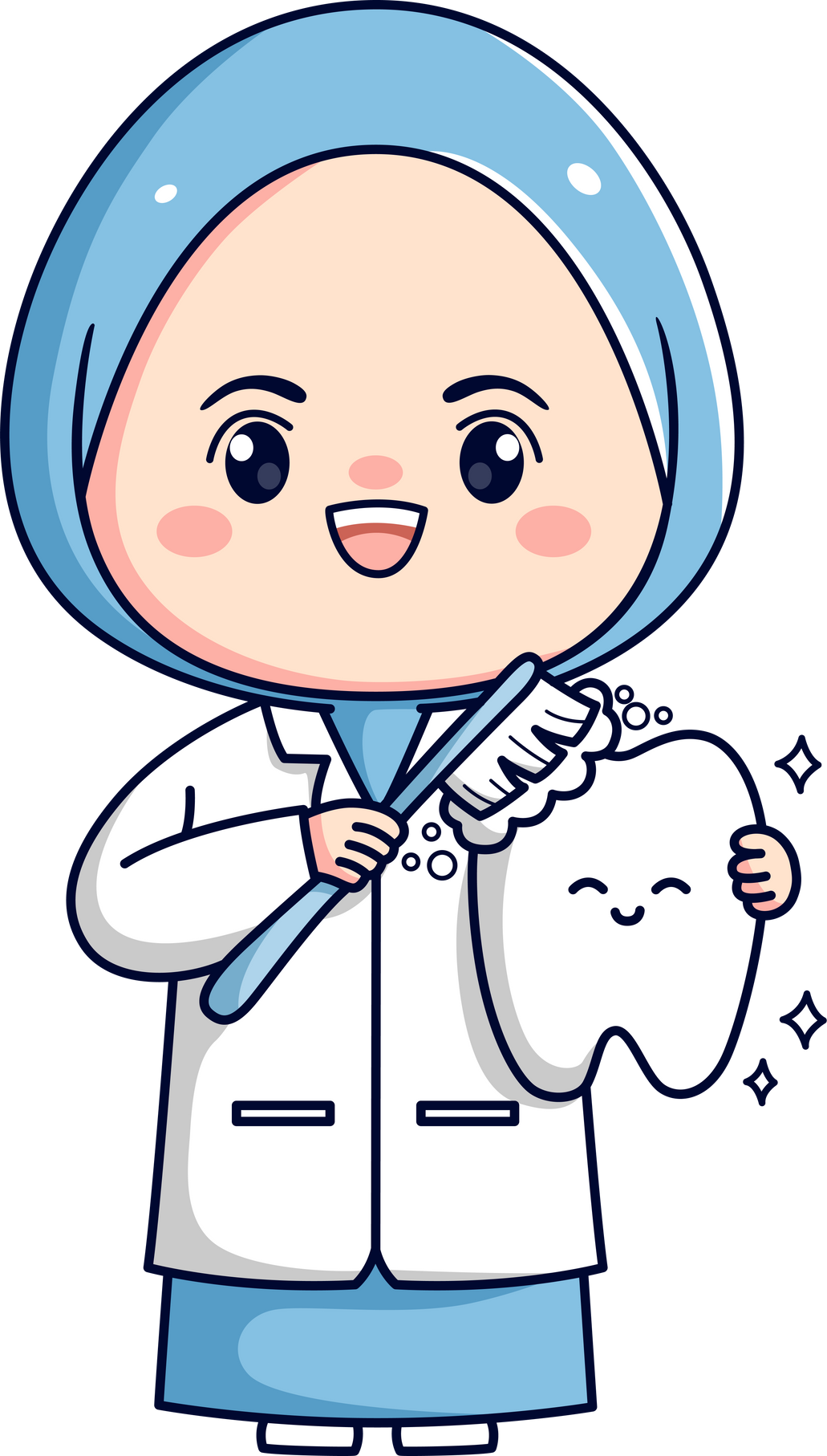 Cute hijab dentist holding tooth and toothbrush