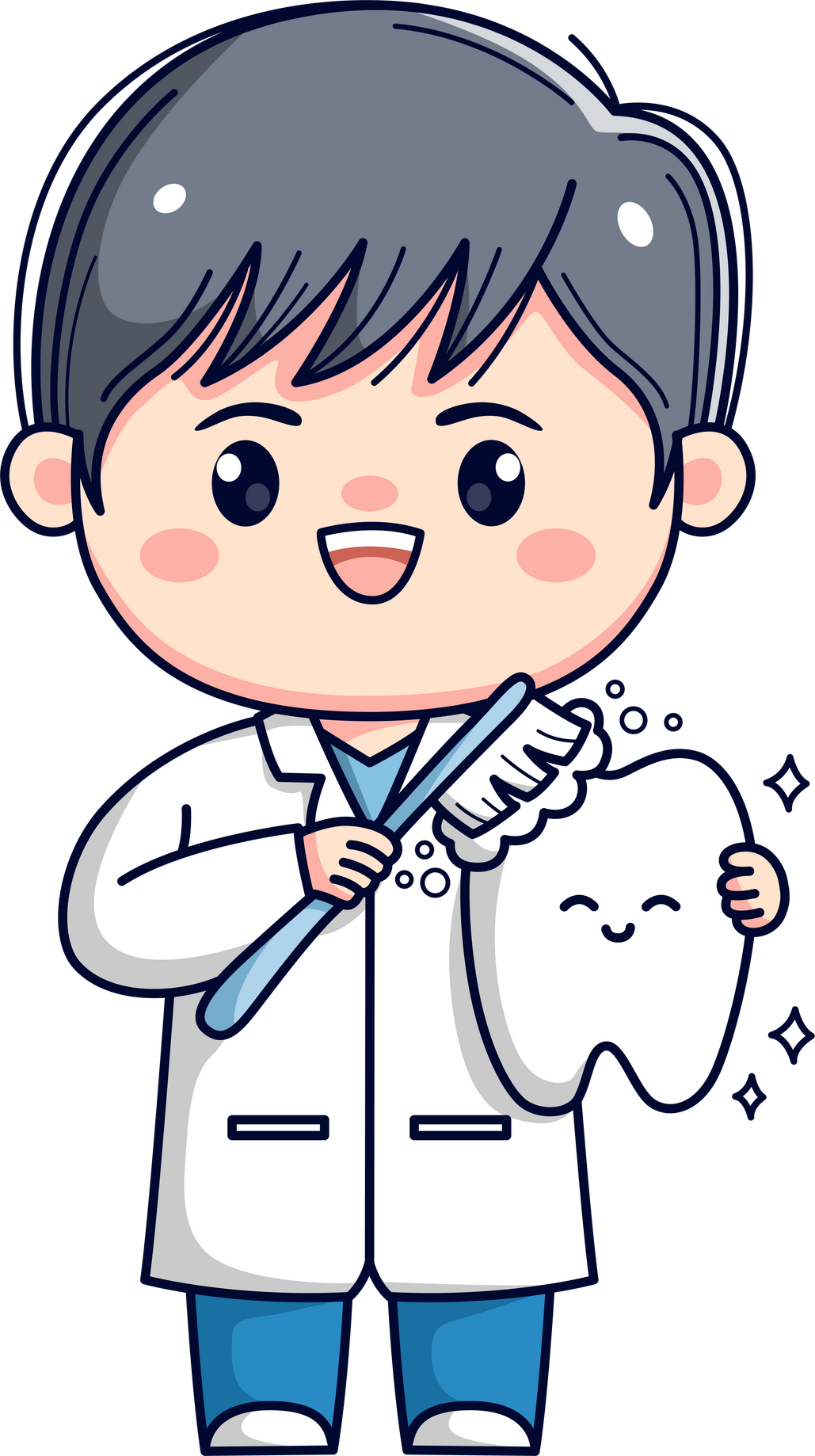 Cute male dentist holding tooth and toothbrush